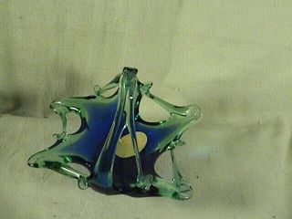 Vintage Crystal Clear Italy Murano Art Glass Trinkit Basket,  Green/blue With Tag