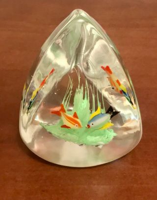 Vintage Italian Murano Art Glass 3 - Sided Fish Aquarium Paper Weight Triangle