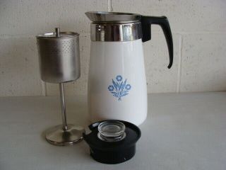Vintage Corning Ware Blue Cornflower 9 - Cup Stovetop Coffee Pot - Complete - Vguc