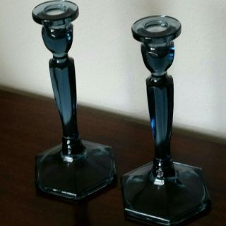 Fenton Grey - Blue Art Glass Candlesticks 8.  5 " Candle Holders Stretch Florentine