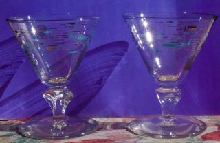 Vintage 8 Libbey Atomic Fish Turquoise Gold Cocktail Glasses 1950s MCM 2