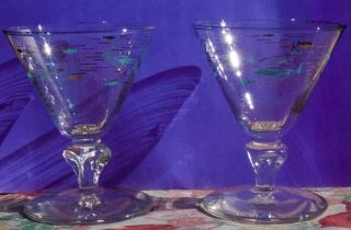 Vintage 8 Libbey Atomic Fish Turquoise Gold Cocktail Glasses 1950s MCM 3