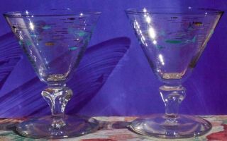 Vintage 8 Libbey Atomic Fish Turquoise Gold Cocktail Glasses 1950s MCM 4
