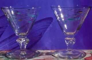 Vintage 8 Libbey Atomic Fish Turquoise Gold Cocktail Glasses 1950s MCM 5