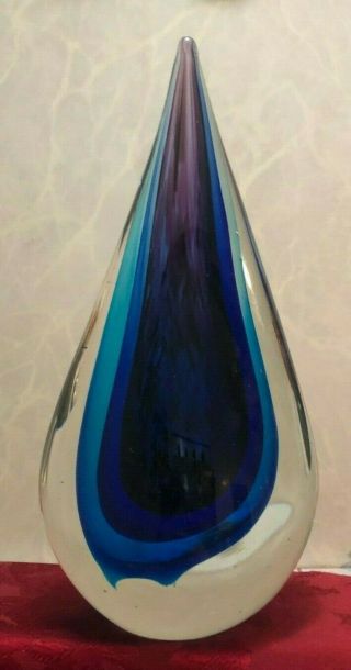 Teardrop Cobalt Blue Heavy Murano Style Art Glass Figurine Paperweight 10.  5 "