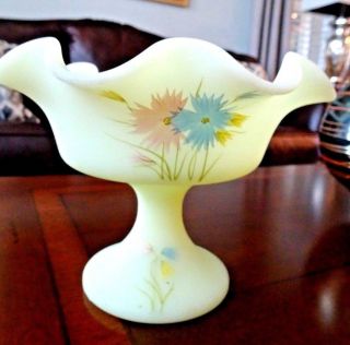 Fenton Glass Hand Painted Vaseline Satin Custard Footed Compote Comport Candy