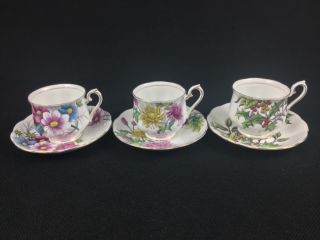 Royal Albert Flower Of The Month 3 Cups & Saucers Cosmos Chrysanthemum Holly
