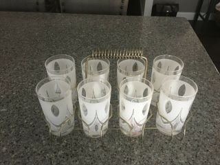 Mid Century Modern Set Of 8 Silver Frosted Glasses With Metal Holder