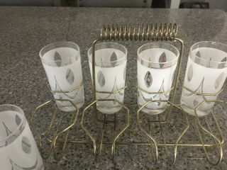 Mid Century Modern Set of 8 silver frosted glasses with metal holder 2