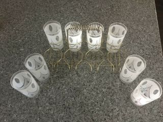 Mid Century Modern Set of 8 silver frosted glasses with metal holder 3