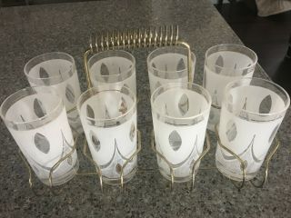 Mid Century Modern Set of 8 silver frosted glasses with metal holder 5