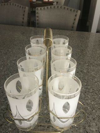 Mid Century Modern Set of 8 silver frosted glasses with metal holder 6