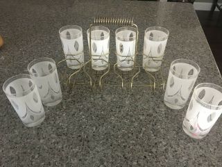Mid Century Modern Set of 8 silver frosted glasses with metal holder 7