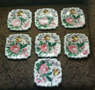 Hand Painted Floral Art Pottery Plates Italy 7 Antique Dinner Plates