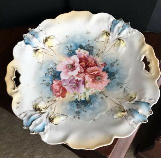 Vintage Rs Prussia Iris Mold 10 Handled Plate W/ Pink Poppies