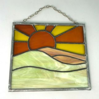 Vintage Sunburst Sunrise Over Mountains Stained Glass Suncatcher Window Hanging