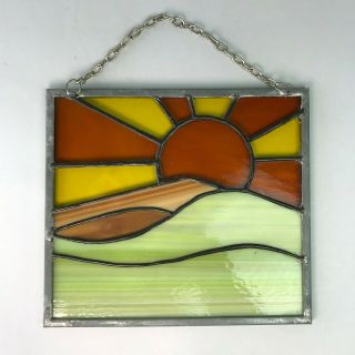 Vintage Sunburst Sunrise Over Mountains Stained Glass Suncatcher Window Hanging 2