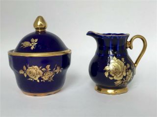 Vintage Bareuther Echt Cobalt Blue Gold Floral Sugar Bowl & Creamer Germany