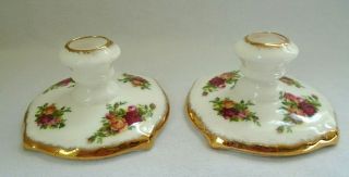 Vintage Royal Albert Old Country Roses Gold Trim Taper Candle Holders 1962