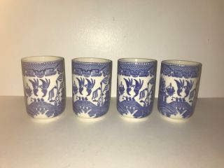 Set Of 4 Japan Blue Willow Ceramic Juice Glasses Unmarked,  1950 