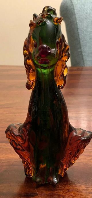 Vintage Murano (?) Art Glass Poodle Dog Amber Green Exc