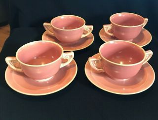Homer Laughlin Wells Art Glaze Rose,  4 Double Handle Cups And Saucers