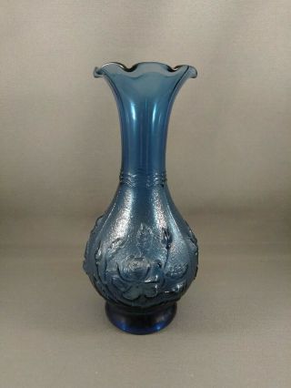 Vintage Blue Carnival Glass Bud Vase By Lenox Imperial Co Embossed Roses 6.  25 "
