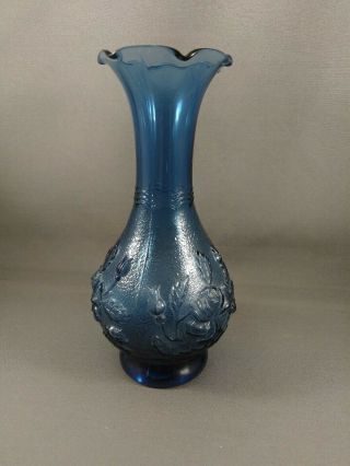 Vintage Blue Carnival Glass Bud Vase By Lenox Imperial Co Embossed Roses 6.  25 
