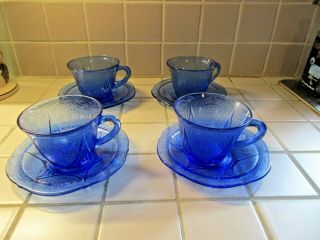 Hazel Atlas Royal Lace Cobalt Blue (4) Cups & Saucers