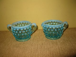 Vintage Fenton Hobnail Blue Sugar Bowl Creamer Pitcher Glass Handle Chid Set