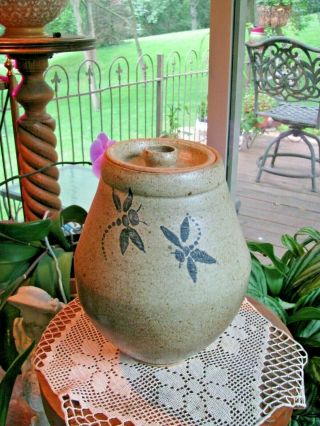 Gorgeous Salt Glaze Pot With Cobalt Dragon Flies - Has Lid - Signed - Cookie Jar?