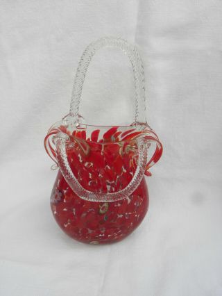 Murano Red Speckled/confetti & Millefiori Art Glass Purse Vase W/applied Handles