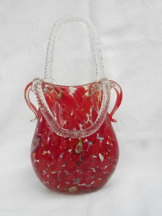 Murano Red Speckled/Confetti & Millefiori Art Glass Purse Vase w/Applied Handles 2