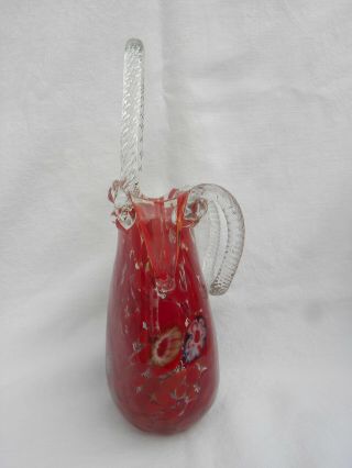 Murano Red Speckled/Confetti & Millefiori Art Glass Purse Vase w/Applied Handles 3