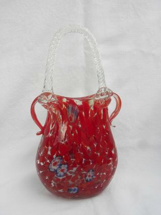 Murano Red Speckled/Confetti & Millefiori Art Glass Purse Vase w/Applied Handles 4