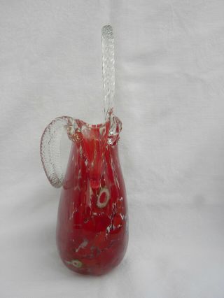 Murano Red Speckled/Confetti & Millefiori Art Glass Purse Vase w/Applied Handles 5