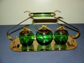 40s 50s Mid Century Paden City Emerald Glo,  Emerald Green Glass Condiment Set,