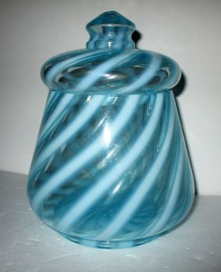 Vtg Fenton Blue Opalescent Swirl Stripe Large Covered Jar 7 " Tall