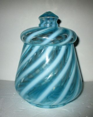 Vtg Fenton Blue Opalescent Swirl Stripe Large Covered Jar 7 