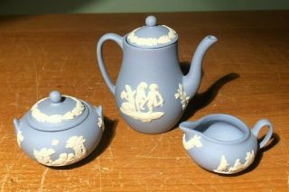 Antique Wedgwood Jasperware Blue & White Mini Tea Set - Creamer,  Sugar & Teapot