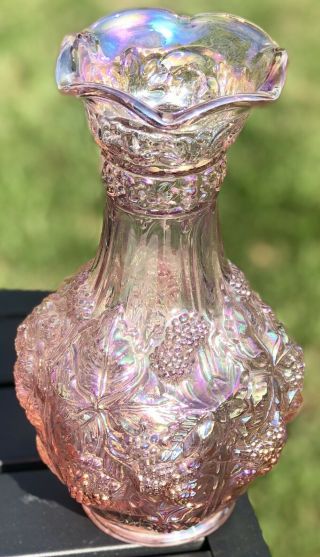 Imperial Glass Loganberry Grape & Leaves 10 " Pink Iridescent Carnival Glass Vase