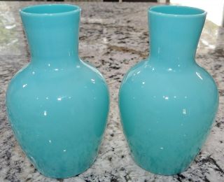 Portieux Vallerysthal French Blue Opaline Milk Glass Vase Set Pair Vtg Antique