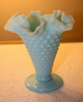 Vintage Fenton Milk Glass Blue Turquoise Ruffled Hobnail Vase