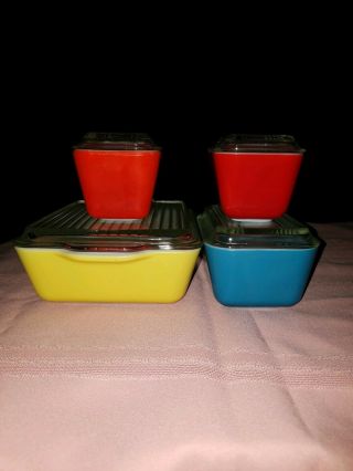 Vintage Pyrex Rare Htf Primary Colors Refrigerator Dishes Set With Lids