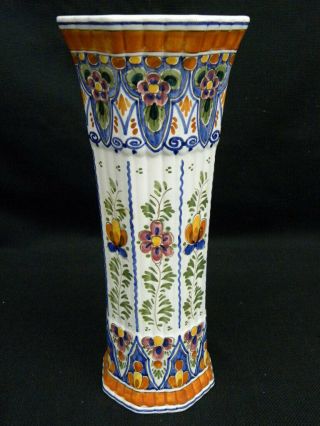 Vtg D.  P.  Delft 11 3/4 " Octagonal Vase Multi - Color Flowers Brown Bands 1960