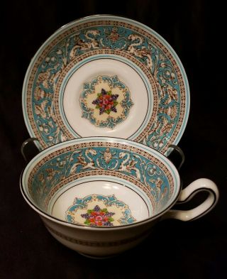 Wedgwood Florentine Turquoise Footed Cup & Saucer 2714 England Euc