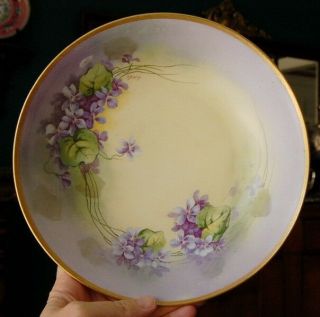 Lovely Hand Painted Signed Coronet Limoges Violets Embellished Bowl W Gold Trim