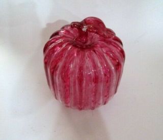 Vintage Hand Blown Glass Ribbed Pumpkin Figurine Heavy Cranberry & Clear