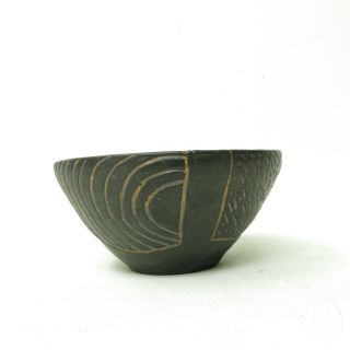 Vtg Modern Black Brown Incised studio pottery Asian Bowl / Succulent Planter 2