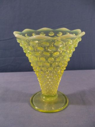 Fenton Topaz Opalescent Vaseline Glass Hobnail Cone Trumpet Vase Flared Top 2